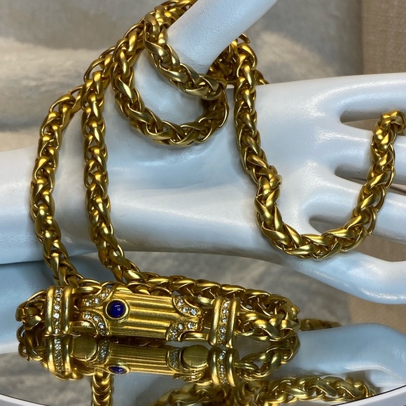 Vintage Matte Gold Tone Wheat Chain
Necklace W/ Rhinestone on Bar Pendant 36” - Picture 8 of 14